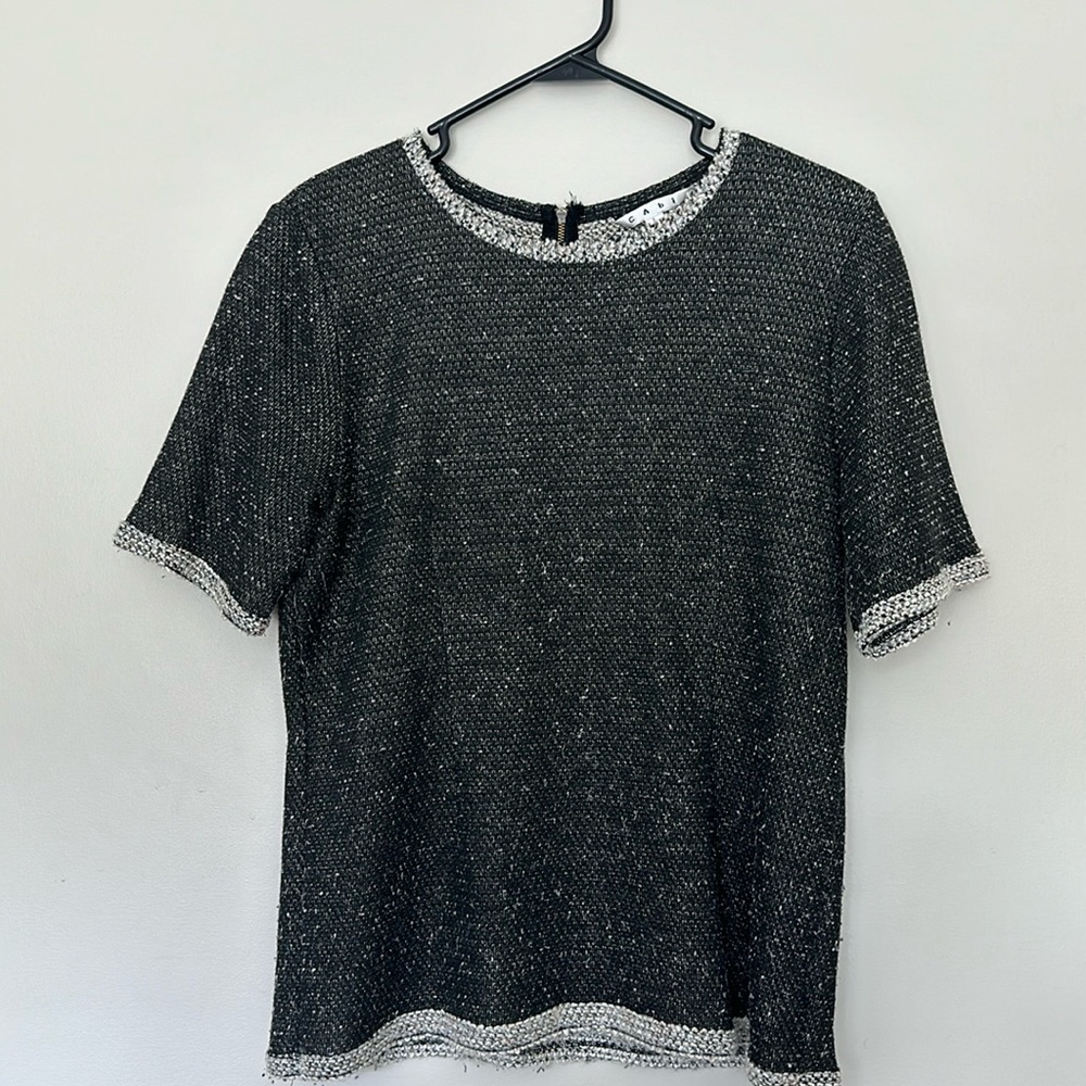 CAbi Short Sleeve Knit Sweater Top Coco Shell Black/Gray Sz L